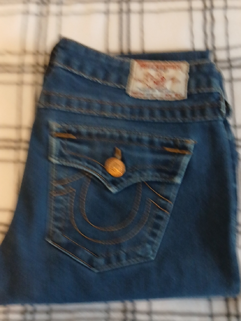 True Religion Women's Dark Blue Straight Leg Jeans with Signature Back Pocket